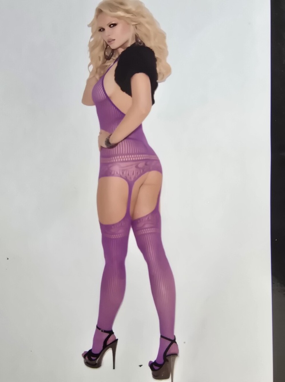 Elegant Moments Purple Stripe Suspender Bodystocking With fishnet Gloves
